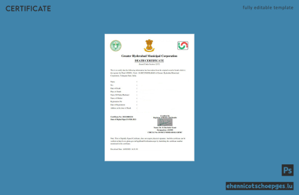 Vorschau einer Sterbeurkunde der Stadtverwaltung von Greater Hyderabad, Indien